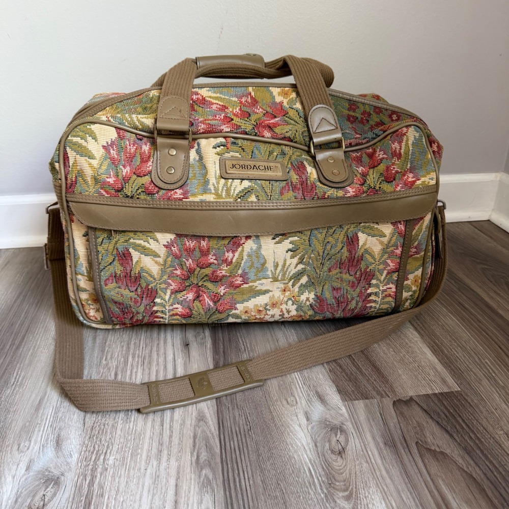 Vintage Jordache Tapestry Floral Duffle Bag Weekender Travel Carry On Brown